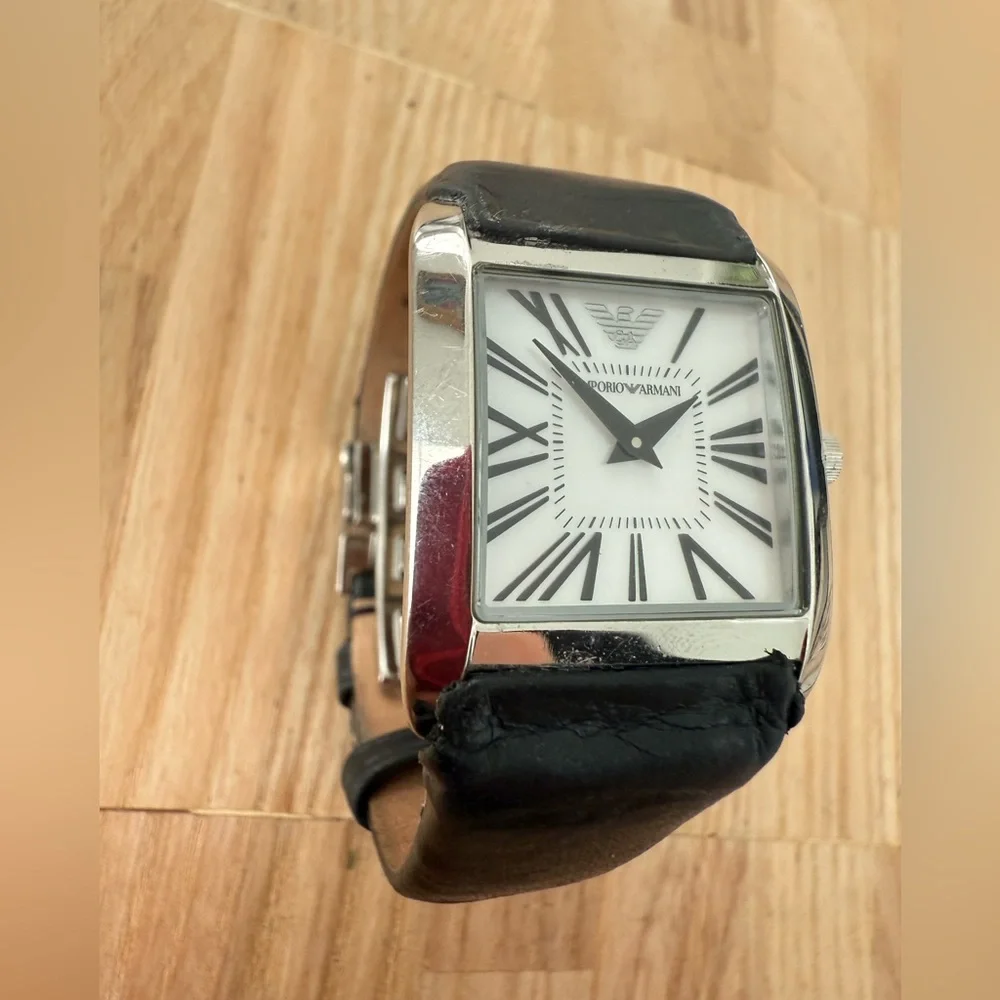 Emporio Armani ladies silver tone square black leather watch NEW BATTERY